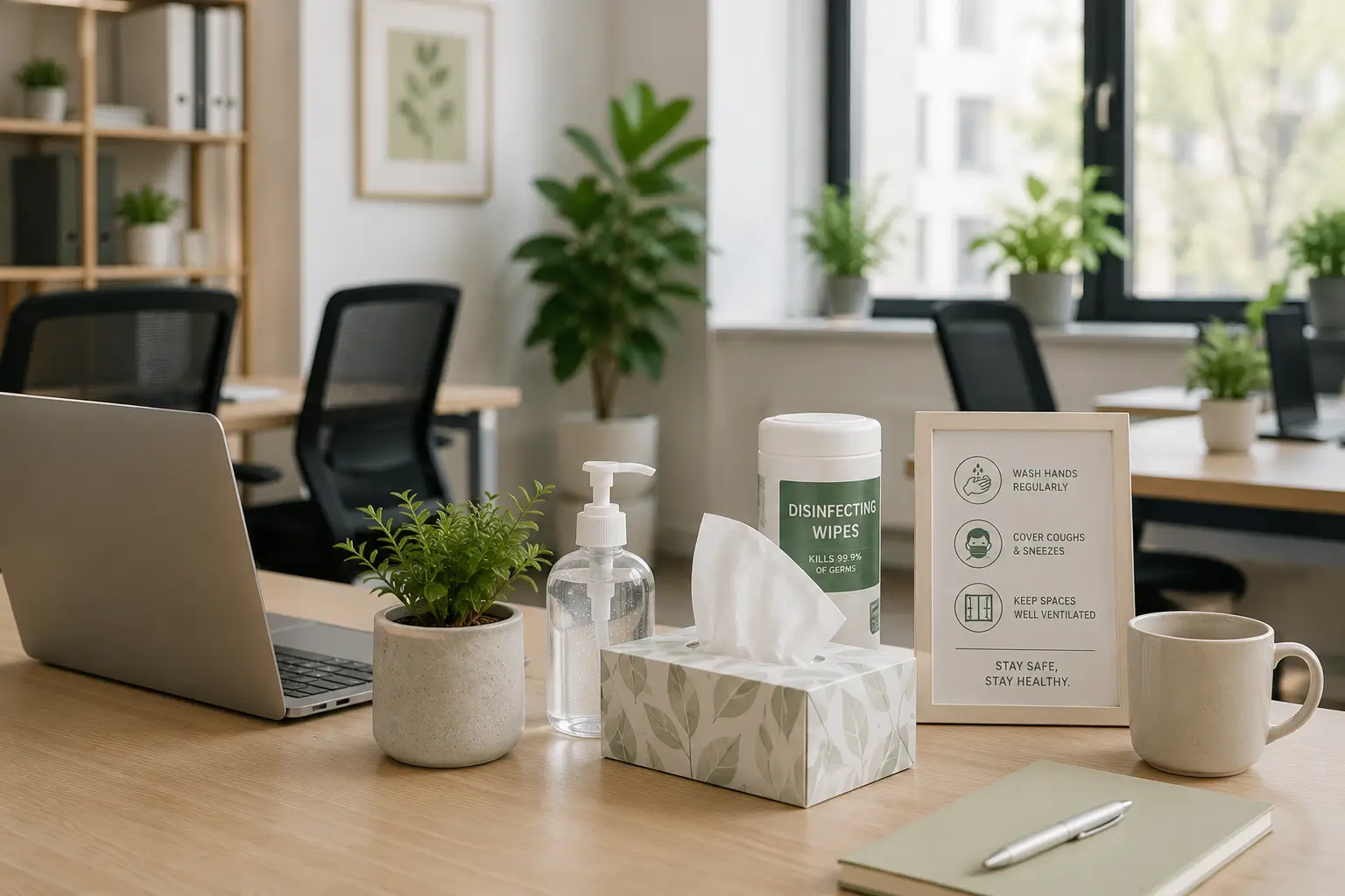 Clean and hygienic modern office workspace during winter